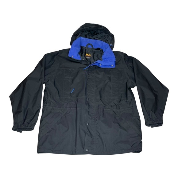 Vintage 90s REI Gore-Tex Rain Jacket Mens XL Black Hooded Waterproof Parka Mint